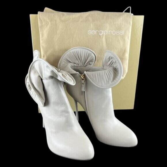 Sergio Rossi 9 Booties Leather Ruffle Luxury Cream High Heel Fairy Core Designer - Picture 14 of 16